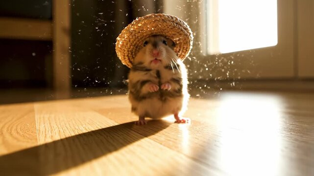 A charming hamster wearing a small sombrero scurries around a warm, sunlit room. Watch as it playfully explores its surroundings, creating a heartwarming moment.