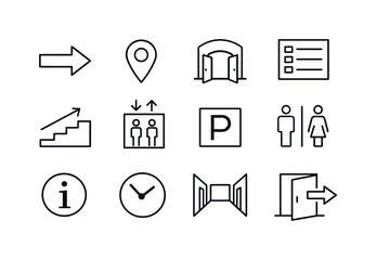 Monochrome Wayfinding Icons. Wayfinding signs. Line icon set of Wayfinding signs: directional arrow, map pin, building entrance, floor directory, stairs sign,