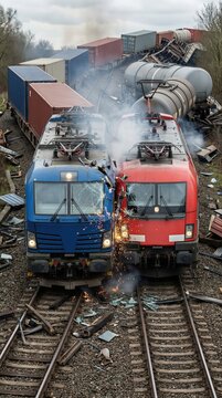 Two trains after a head-on collision accident between a blue and red locomotive, with wreckage and cargo cars derailed in the background, showing a disaster.