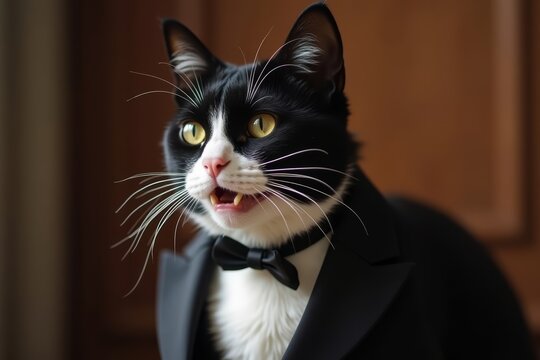 Elegantly dressed cat nonchalantly nibbles on moist snus packet.