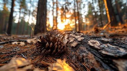 Obraz premium A pine cone rests on a fallen tree in a forest as the sun sets, casting golden light through the trees