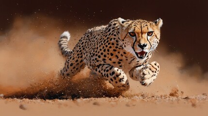 Fototapeta premium A cheetah sprints through a sandy landscape, its body extended, dust billowing around it, conveying intense speed and power