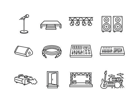 Music Stage Icons. Music stage setup. Line icon set of Music stage setup: mic on stand, stage floor, light rig, speakers, stage monitor, cable coil, sound