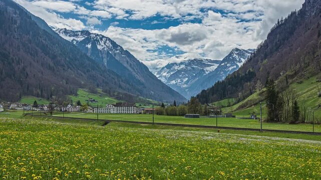 Time lapse, steep-sided alpine valley. The Linth Valley, Linthtal, canton of Glarus, Switzerland.