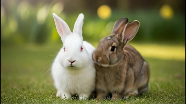 Curious bunnies exploring green meadow in playful interaction and snuggling