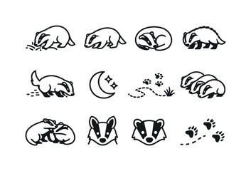 Obraz premium Badger Behavior Icons. Badger Behavior. Line icon set of Badger Behavior: digging badger, foraging pose, sleeping curl, defensive stance, scent marking, night