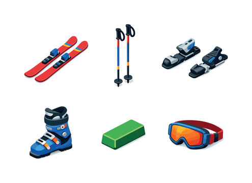 Ski Equipment Icons. Ski Equipment. Isometric flat vector icons set of Ski Equipment: carving skis, ski poles pair, ski bindings set, ski boots, ski wax block,