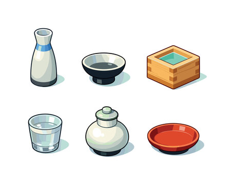 Traditional Sake Icons. Traditional Sake. Isometric flat vector icons set of Traditional Sake: tall sake flask, shallow ceramic cup, wooden serving box, glass