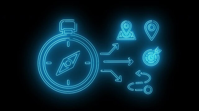 Neon blue graphic illustration of a compass with arrows pointing to various location and navigation icons on a black background with a futuristic feel.
