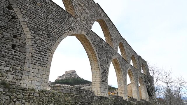 Morella Medieval Aqueduct with Castle on Hillside