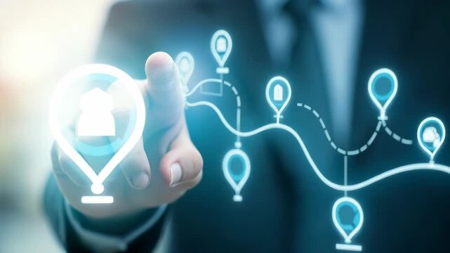 Close-up of a businessman in a suit touching a virtual screen with a digital roadmap and glowing milestones, representing planning, strategy, and future growth in business.