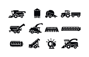 Fototapeta premium Harvest Machinery Icons. Harvest machinery. Solid icon set of harvest machinery: combine harvester, grain bin, baler, tractor with trailer, auger cart, silage