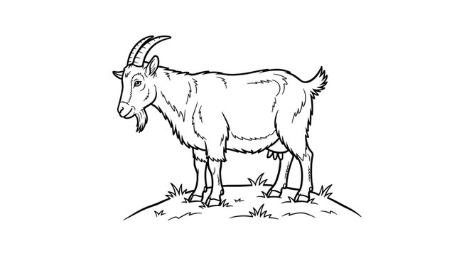 Line art illustration of a female goat standing on a grassy hill