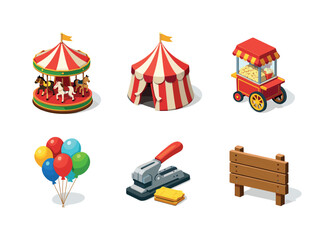 Obraz premium Retro Fair Icons. Retro Fair. Isometric flat vector icons set of Retro Fair: vintage carousel ride, striped fair tent, classic popcorn cart, retro balloon