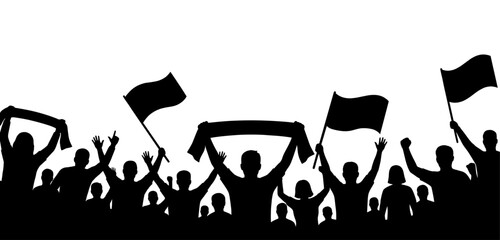 Silhouette of sports fans waving flags and scarves in stadium
