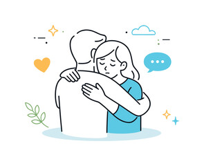 Obraz premium Empathetic Support Embrace. Couple hugging support. One person hugging the other during a thoughtful moment. Empathy, encouragement and shared emotional