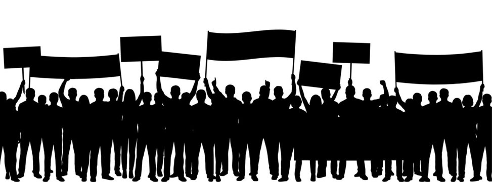 Silhouette of demonstrators marching with signs and flags