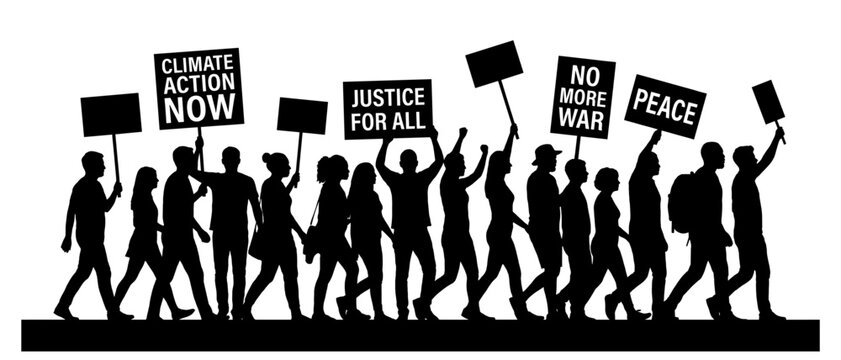 Silhouette of activists protesting with social justice signs