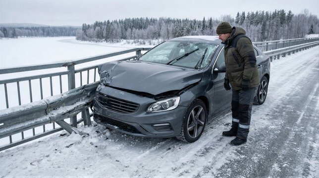 Man stands by a car after a winter accident on a snowy bridge. Road safety and risk of driving in icy conditions. Dangerous seasonal driving.