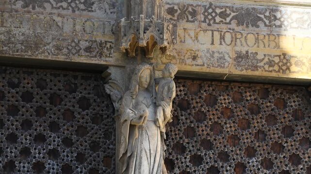Gothic Entrance Arch of Morella Cathedral with Virgin Mary and Jesus Sculpture