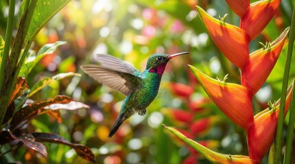 Fototapeta premium Kleiner Kolibri im Schwebeflug vor einer leuchtenden exotischen Blüte im Garten