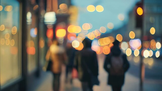 Group of individuals walking along a city street at dusk, illuminated by vibrant bokeh lights from storefronts and traffic, showcasing urban movement and evening ambiance