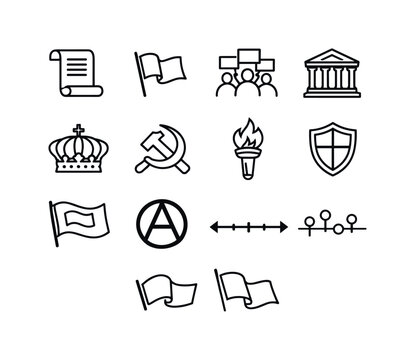 Political Ideology Icons. History of Political Ideologies and Movements. Line icon set of History of Political Ideologies and Movements: ideology scroll,