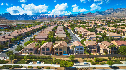 Aerial Las Vegas Residential Neighborhood Red Rock Mountain Summer View