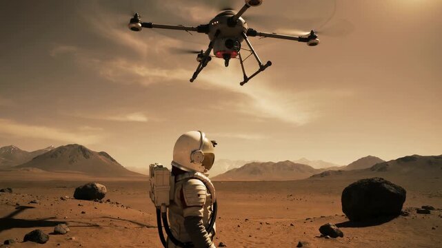 Mars explorer observing hexacopter drone flight. Unmanned aerial vehicle scouting rocky desert terrain.