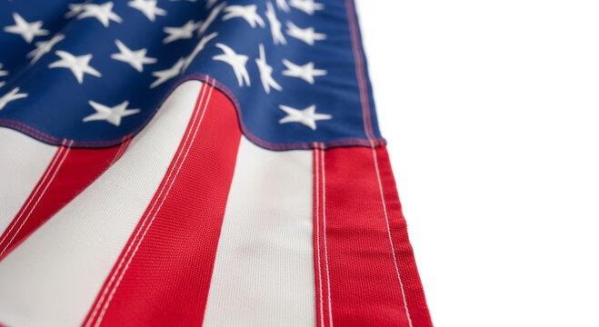 A close-up of the American flag, showcasing its iconic stars and stripes in vibrant red, white, and blue colors against a white background.