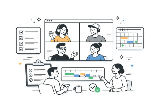 Remote Team Collaboration. Video conference planning. Small remote team discussing tasks and timelines with checklists and calendars on screen, organized