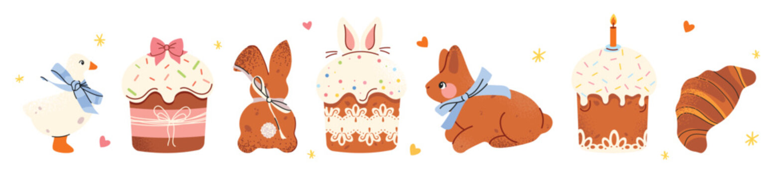 Cute Easter bakery vector set with festive cakes and pastries. Spring collection of glazed cupcakes and bunny, goose cookies. Perfect for cards, stickers, packaging, kids design and seasonal decor.