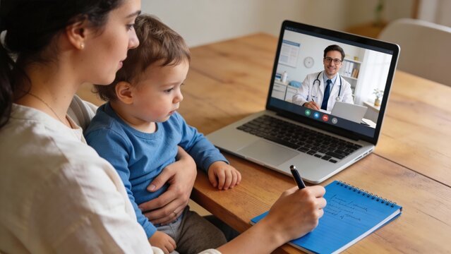 A pediatrician consults with a mother and child via video call, with a laptop and notebook visible on a table. The scene illustrates modern telehealth and accessible healthcare for families.