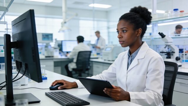 A female scientist in a lab coat examines data on a tablet while seated at a workstation. It symbolizes scientific research, technological advancement, and innovation in a modern laboratory setting.