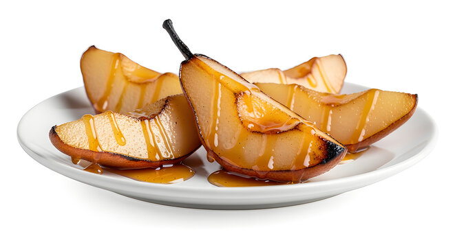 Caramelized pear slices with glossy syrup glaze and rich texture. Isolated on White background