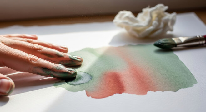 A hand adorned in paint gently smudges watercolors on textured paper, capturing a serene creative moment with a brush and crumpled tissue nearby.