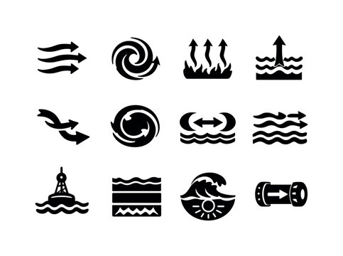 Ocean Current Icons. Ocean currents. Solid icon set of ocean currents: current arrows, gyre swirl, thermal flow, upwelling icon, deep current path, eddy