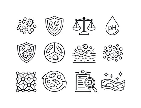 Skin Microbiome Icons. Skin microbiome. Line icon set of Skin microbiome: microbe cluster, protective microbes symbol, balance scale, pH droplet, microbiome