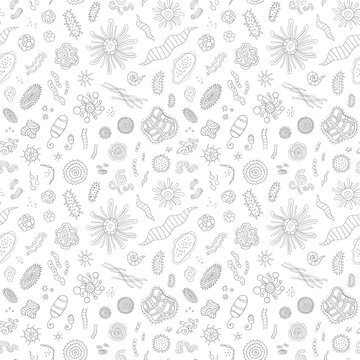 microbes virus bacterial microorganism doodles seamless vector background , hand drawn illustration