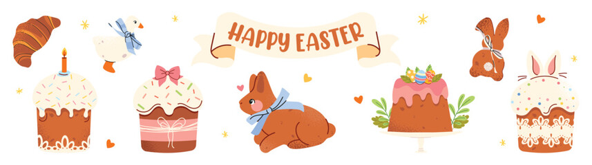 Cute Easter bakery vector set with festive cakes and pastries. Spring collection of glazed cupcakes and bunny, goose cookies. Perfect for cards, stickers, packaging, kids design and seasonal decor.