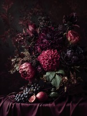 Dark rococo art poster, modern rococo still life, fruits flowers pearls mirror, deep burgundy and black tones