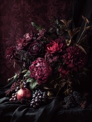 Dark rococo art poster, modern rococo still life, fruits flowers pearls mirror, deep burgundy and black tones