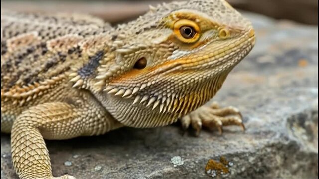 Curious bearded dragon relaxing on a rock in natural habitat closeup, capturing subtle movements
