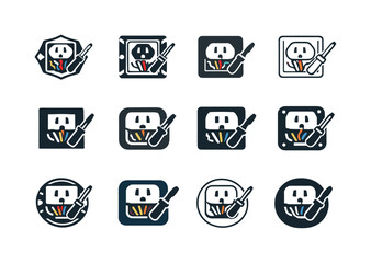 Naklejka premium Electrical Outlet Logos. Fixing electrical outlet. Icon set. Set Logo of Fixing electrical outlet: open wall socket with visible wires. harmonious logo