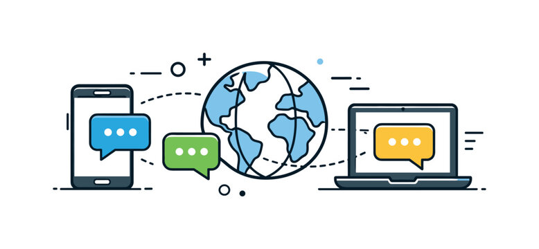 Global Communication Tools. Global communication icons. A smartphone and laptop connected with small message icons, symbolizing cross-platform global contact.