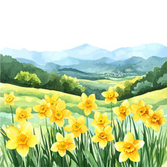 Fototapeta premium Springtime In The Countryside, charming watercolor clipart, isolated on a white background.
