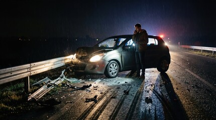 Obraz premium Man standing next to a damaged car on a rainy night, calling for help after a car accident. Roadside assistance and insurance claim concept.