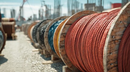 Obraz premium Several wooden coils with power cable laid in trench. Concept of electricity supply for construction projects.