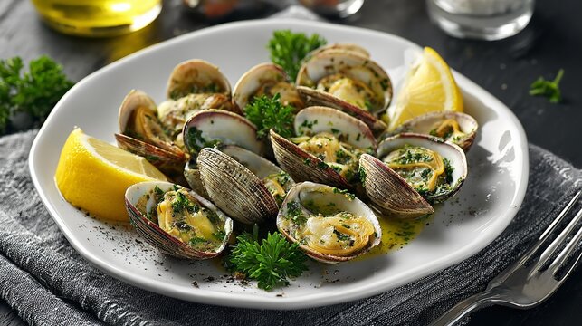 Steamed clams served on light gray table with lemon slices