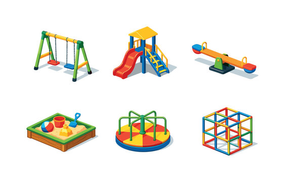 Playground Equipment Icons. Kids outdoor play icons. Isometric flat vector icons set of kids outdoor play icons: swing set, slide with ladder, seesaw, sandbox